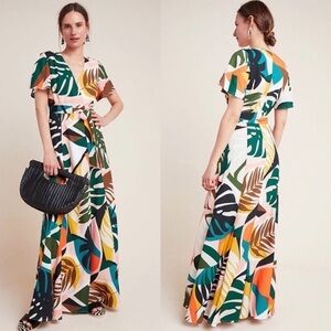 Hutch for Anthropologie Kiera Wrap Multicolor Leaf Print Maxi Dress